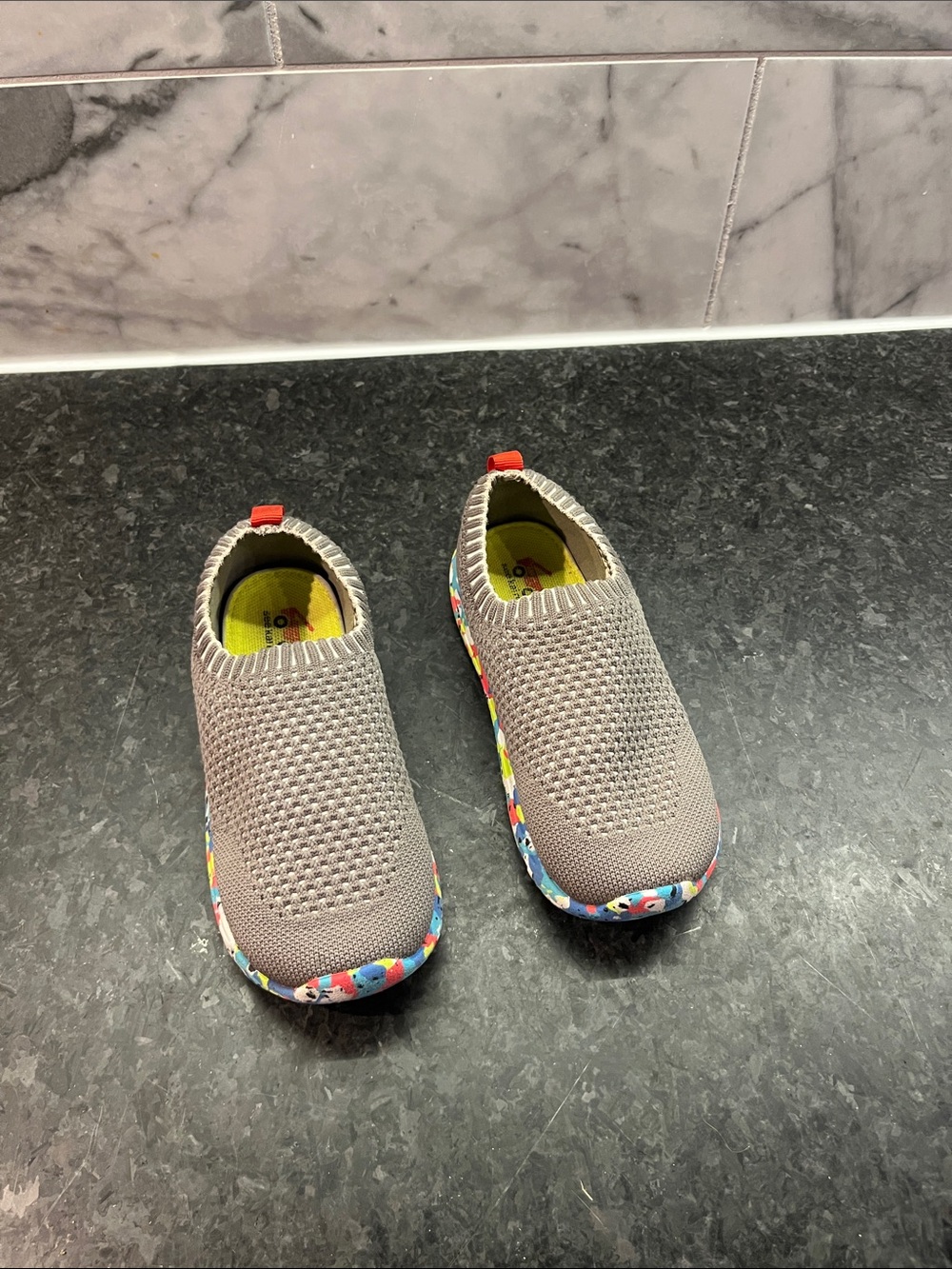 Kids Slip-On SEE KAI RUN Knit Sneakers in Light Gray with Colorful Trim